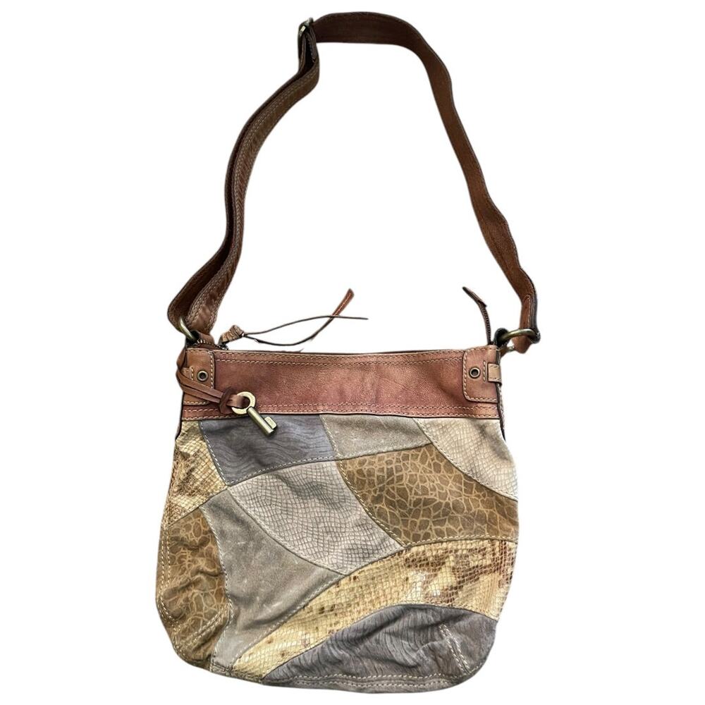 Fossil Leather Suede Purse Boho Patchwork Crossbody Shoulderbag - Picture 2 of 11